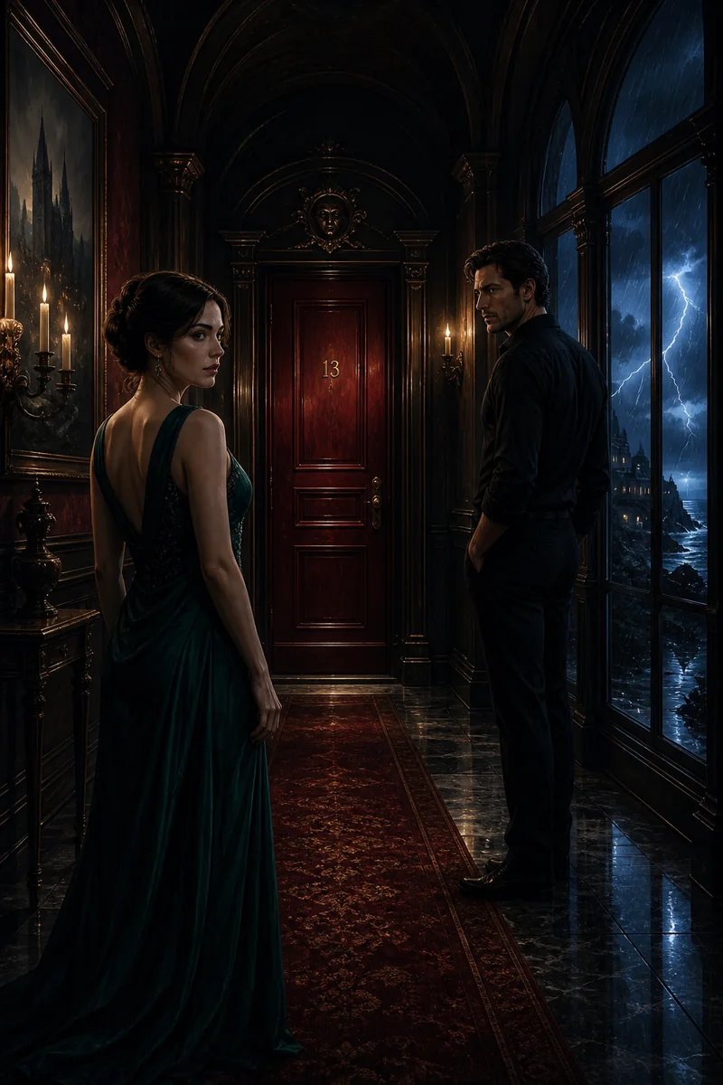 The existing illustrated cover of Room Thirteen, showing a crimson door in a coastal hotel