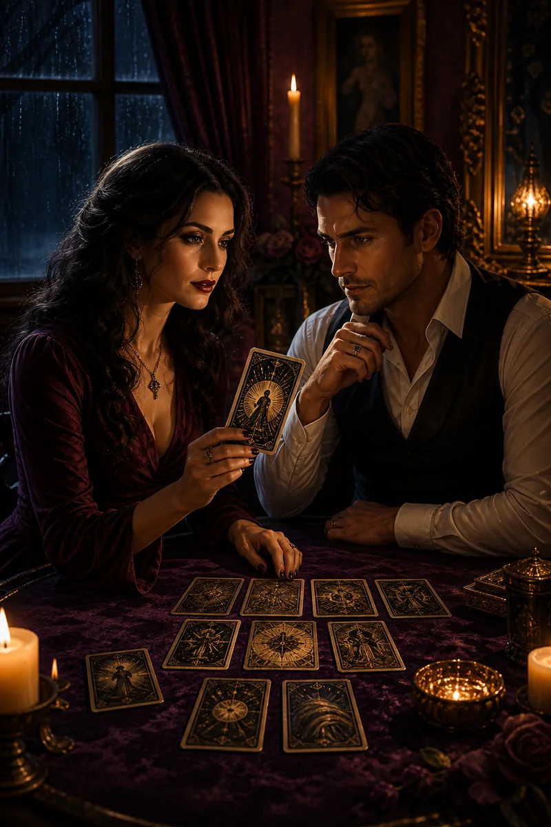 A tarot reader holding the final card in candlelight