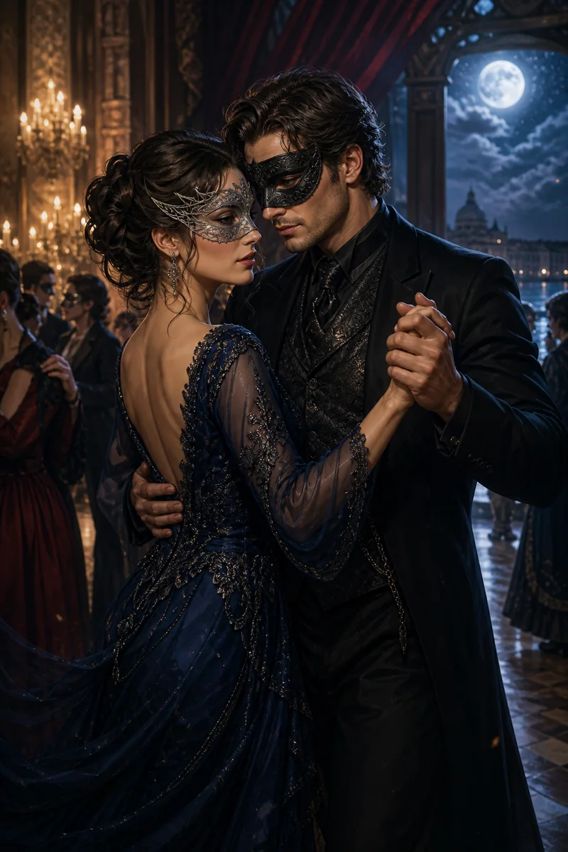 Two adults in ornate masks at a candlelit Venetian ball