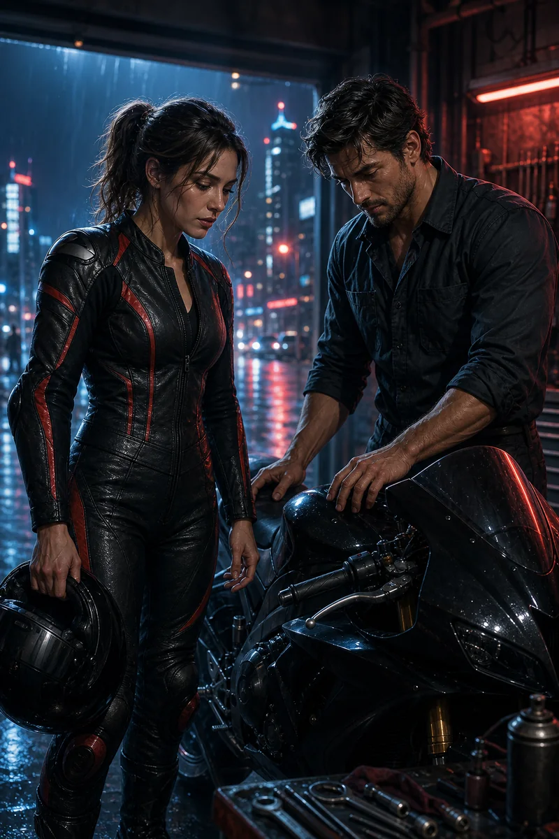 A racer and mechanic beside a motorcycle in a wet neon garage